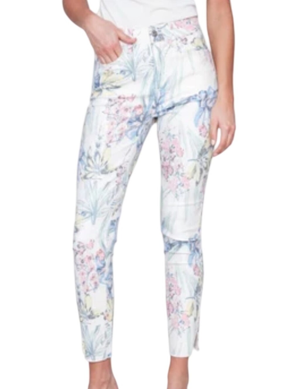 Joseph Ribkoff Floral Jacquard Lace Slim Ankle Pants Cream Multi Color Side Zip